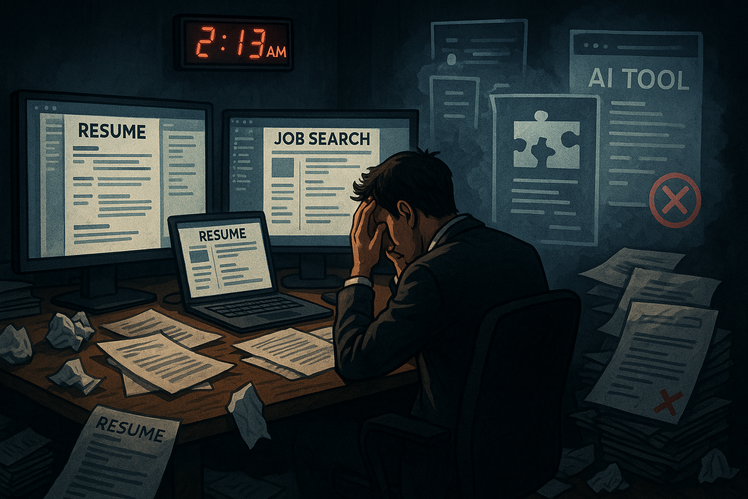 Manual resume tailoring at 2:13AM with multiple screens, papers, and a frustrated job seeker